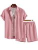 Men's Summer Solid Color Collared Short Sleeve Shirt Casual Drawstring Shorts Suit Set_viptrois.com
