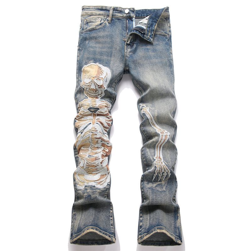 Men's Slim Fit Stretch Denim Jeans With Embroidered Skull Design, Retro Vintage American Style, Slight Flare Leg_viptrois.com
