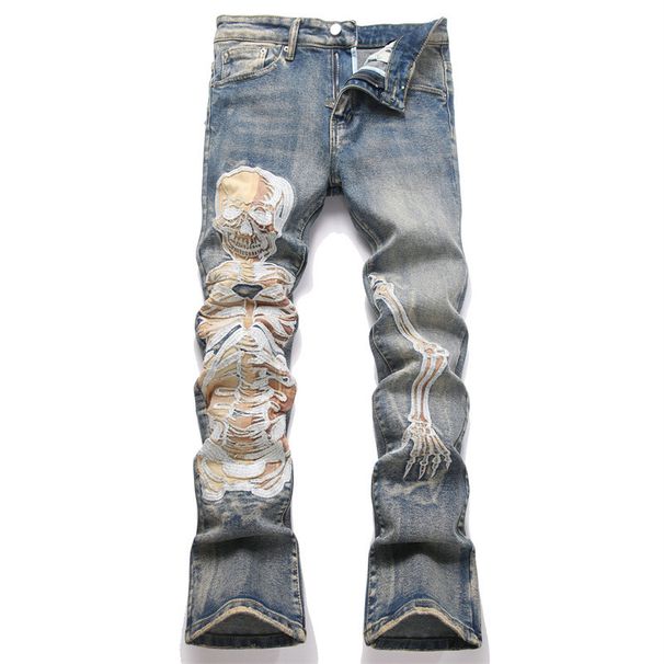 Men's Slim Fit Stretch Denim Jeans With Embroidered Skull Design, Retro Vintage American Style, Slight Flare Leg_viptrois.com