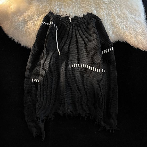 Men's Clothing Brand Ins Unisex Autumn And Winter Exposed Thread Distressed Hole Round Neck Loose Couple Warm Knitted Sweater_viptrois.com