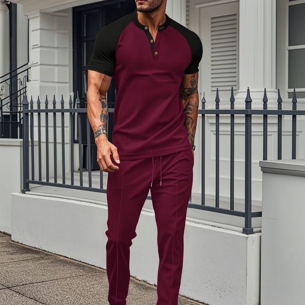 Men's Waffle-Knit Color Block T-Shirt & Pants Set - Breathable Summer Casual Outfit With Crew Neck (Green/Burgundy/Khaki/Grey, S-XXXL)_viptrois.com