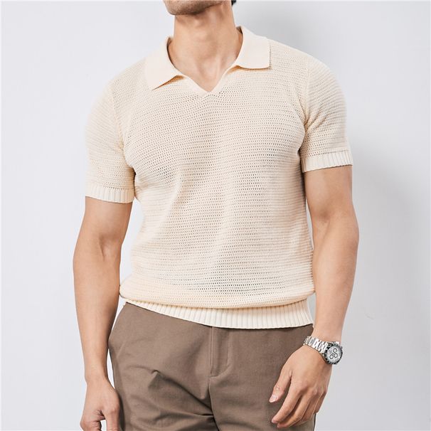 Men's Knitted Short Sleeve Polo Shirt Cross Border Export Style Lapel Elastic Hollow out Thin T-Shirt Recommended by Xiaohongshu Bloggers_viptrois.com