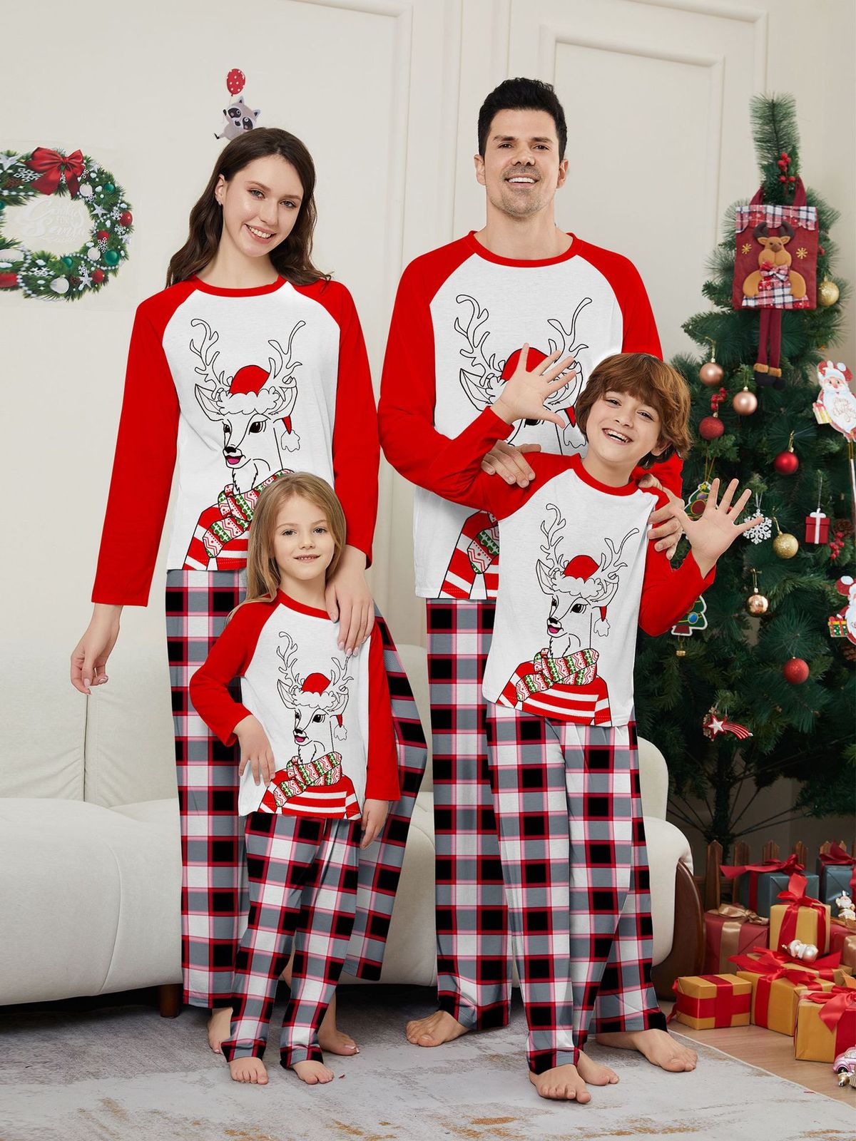 Christmas deer scarf hat Christmas family dress printed home wear pajamas_viptrois.com