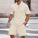 Men's Clothing Solid Color Jacquard Summer Leisure Lapel Button Short Sleeved Shorts Sports Men's Suit Men_viptrois.com
