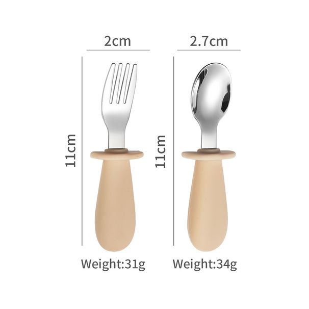 Mother & Kids Silicone Short Handle 316 Stainless Steel Children's Knife, Fork And Spoon 3 Piece Set Infant Eating Spoon Portable Tableware_viptrois.com