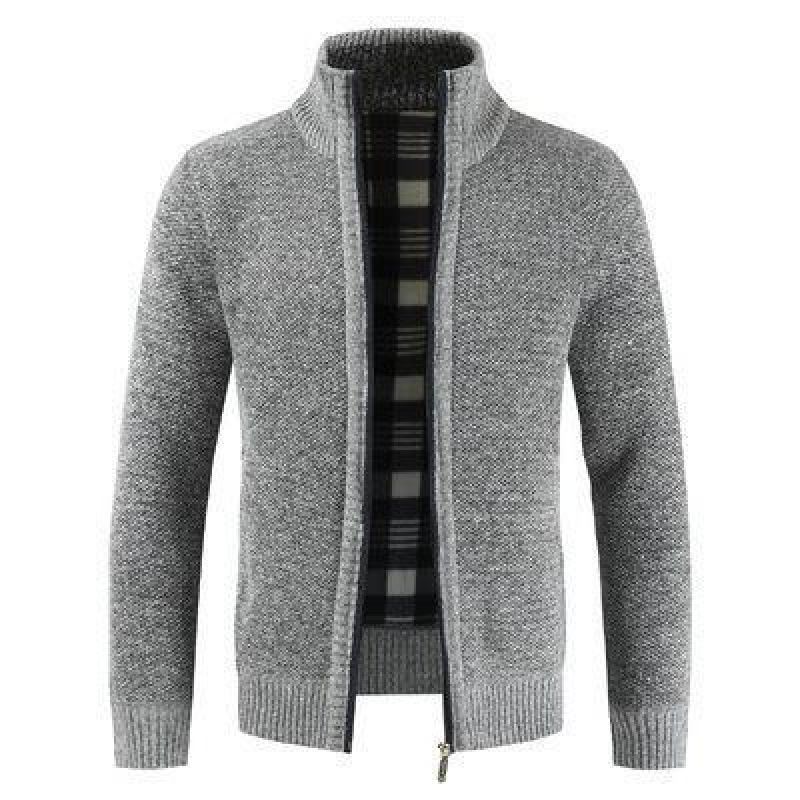 Men's Zip-Up Cardigan Sweater - Warm Fleece Lined Knit Jacket With Stand Collar, Casual Long Sleeve Pullover For Autumn & Winter_viptrois.com