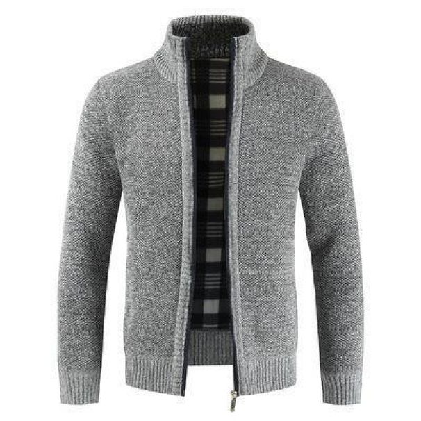 Men's Zip-Up Cardigan Sweater - Warm Fleece Lined Knit Jacket With Stand Collar, Casual Long Sleeve Pullover For Autumn & Winter_viptrois.com