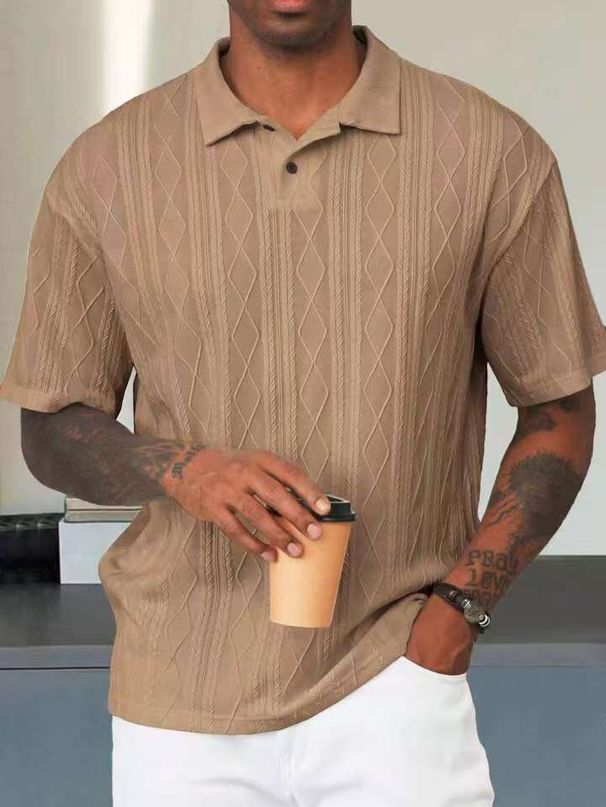 Vintage-Inspired Textured Knit Polo Shirt For Men, Relaxed Fit Short Sleeve Top With Retro Collar, Breathable Casual Daily Wear_viptrois.com