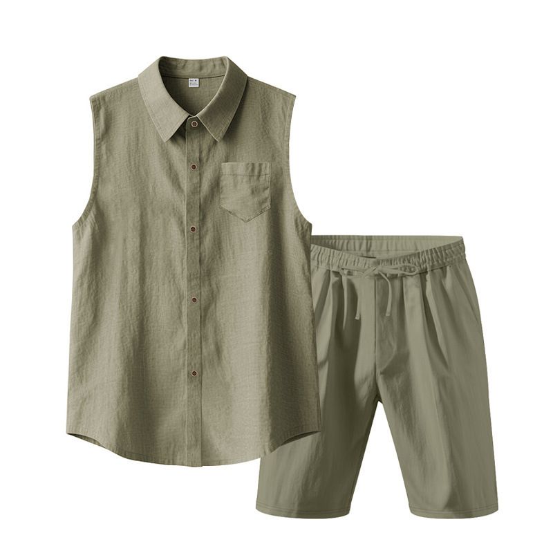 Men's Clothing Men's Linen Suit Casual Lapel Sleeveless Shirt And Shorts Thin Style For Formal & Casual Loose Linen Sports_viptrois.com