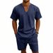 Men's Casual Loose Linen Shorts Set V Neck Short Sleeved Summer Vacation Wear 7 Solid Colors Available_viptrois.com
