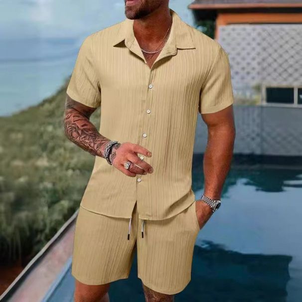Men's Green Vertical Striped Casual Suit Versatile Breathable Vacation Style Shirt Shorts Set New_viptrois.com