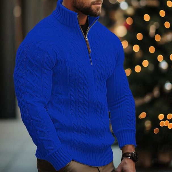 Men’s Half-Zip Cable Knit Sweater – Thickened Acrylic, Solid Colors (White/Black/Bluish/Brown/Greens, S-XXXL)_viptrois.com