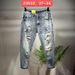 Men's Clothing Ripped Nine Point Jeans Thin Style Trendy Brand Slim Fit Skinny Pants_viptrois.com