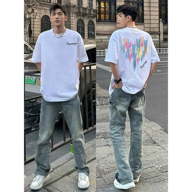 American High Vibe Letter Printed Short Men's T-shirt Summer Fashion Brand Street Half Sleeved Trendy Round Neck Top_viptrois.com