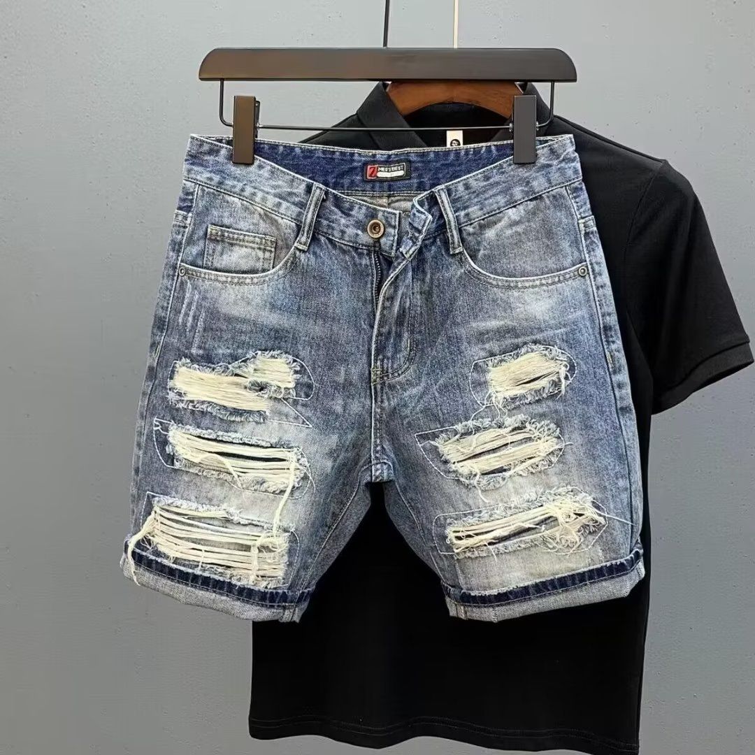 Summer New Trendy Brand Youth Men's Denim Shorts Light Color Washed Piercing Beggar Patch Mid Pants_viptrois.com