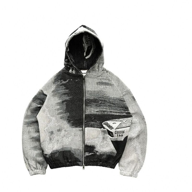 Urban Streetwear Zip-Up Hoodie – High-Collar Oversized Pullover With Graffiti Print & Utility Pockets_viptrois.com