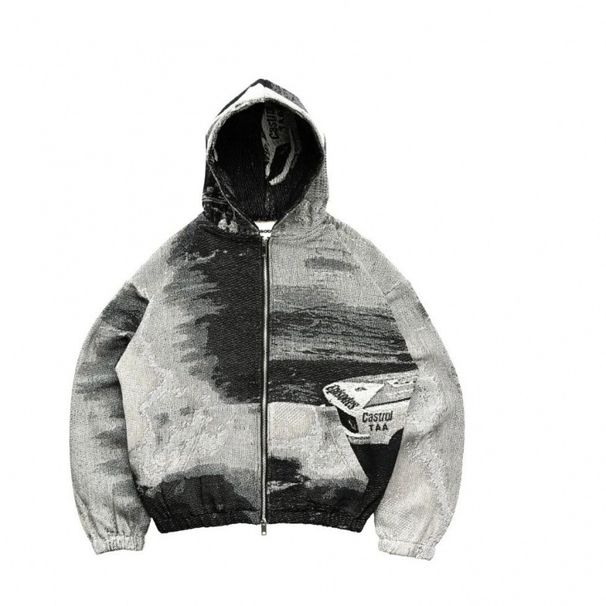 Urban Streetwear Zip-Up Hoodie – High-Collar Oversized Pullover With Graffiti Print & Utility Pockets_viptrois.com