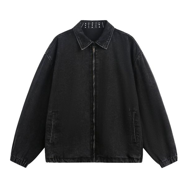 Monochrome Man- Vintage Washed Workwear Denim Jacket Autumn Style Collar Print Design Short Wide Silhouette Trendy Retro Coat_viptrois.com