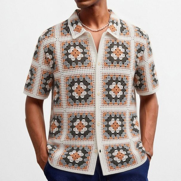Foreign Trade Men's European And American Style Geometric Crochet Short Sleeve Knitted Sweater Summer Hollow Out Cardigan Water Soluble Polo Shirt SY0066_viptrois.com