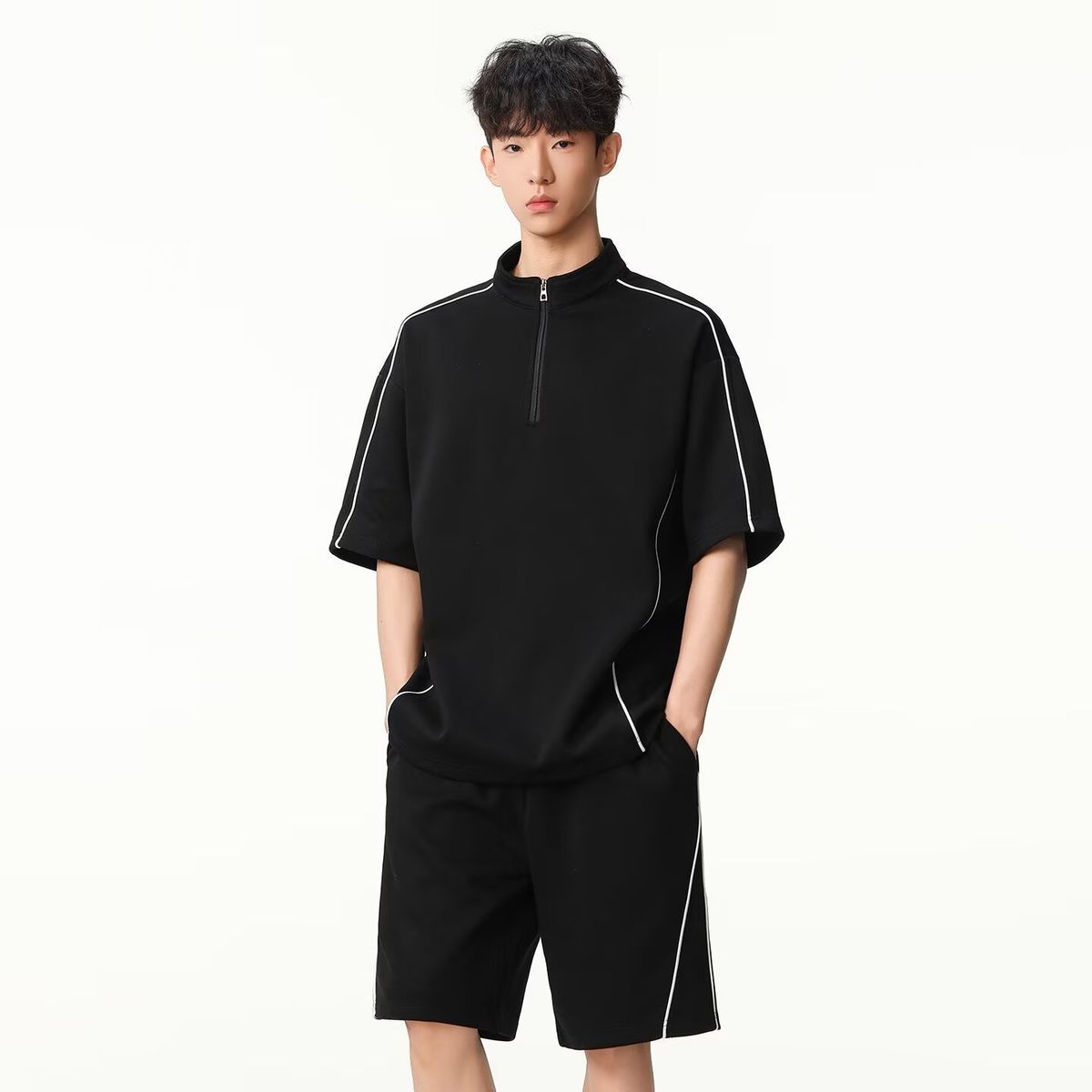 Men's Premium Sporty Polo Shirt & Shorts Set, Lightweight Breathable Fabric, Stand Collar With Striped Design For Casual Street Style_viptrois.com