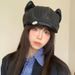 Korean Style Ins Cartoon Cute Cat Ears Pu Leather Octagonal Women Spring And Autumn All-match Face-Slimming Painter Hat_viptrois.com