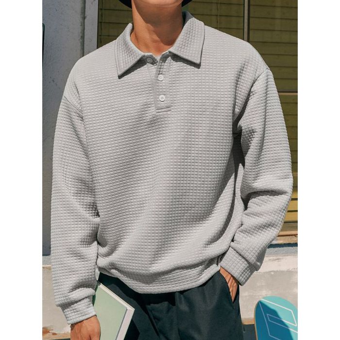 Men's Clothing Polo Shirt Solid Color Texture The United States Men's Lapel Long Sleeved Polo Shirt Tops_viptrois.com