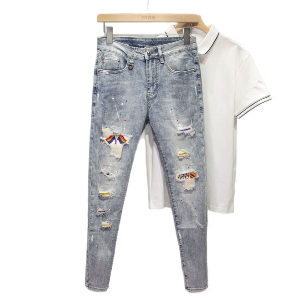 Ripped Jeans For Men Spring 2025 Light Color Slim Fit Stretch Cropped Pants Youth Trendy Ins Paint Splatter 9/10 Length_viptrois.com