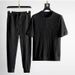 Men's Clothing Summer Thin Ice Silk Sports Men's Color Matching Pleated Large Size T-shirt Nine-point Pants Casual Two-piece Set_viptrois.com