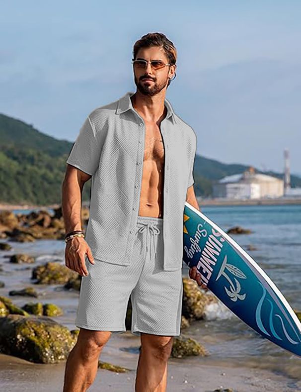 Men's Clothing Sweater Summer Sports Casual Texture Beach Short Sleeved Button Down And Shorts Set_viptrois.com