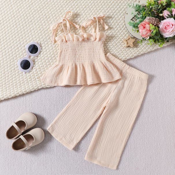 Mother&Kids Summer baby and girl lace lace strap shoulder top solid color straight leg pants hipster two-piece set_viptrois.com