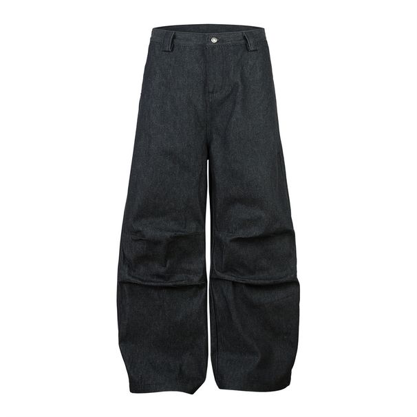 Fit Wide-Leg Scimitar Jeans For Men High Street Trend Pleated Knee Design Loose Floor-Length Pants_viptrois.com
