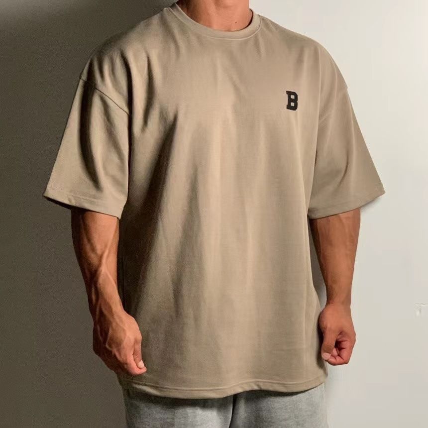 Men's Clothing Summer Short Sleeved Men's Sports Fitness Training Suit Casual Loose T Shirt Drop Shoulder Heavy Cotton Short Sleeved T Shirt_viptrois.com