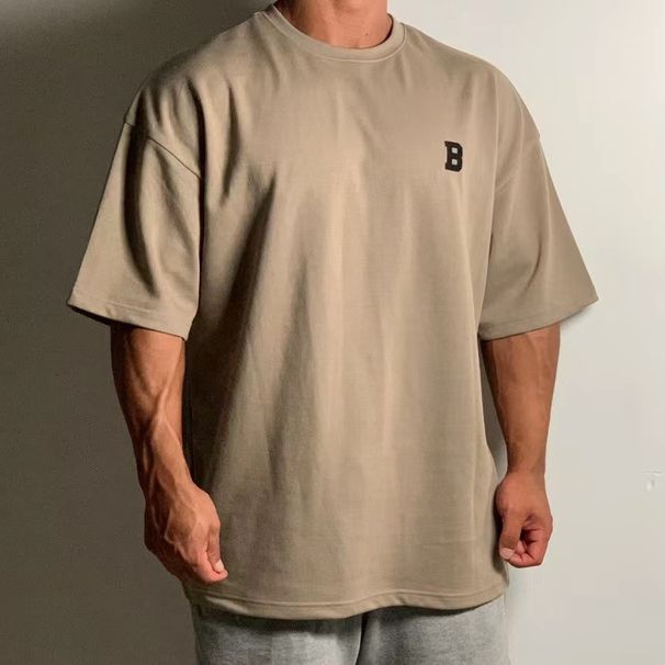 Men's Clothing Summer Short Sleeved Men's Sports Fitness Training Suit Casual Loose T Shirt Drop Shoulder Heavy Cotton Short Sleeved T Shirt_viptrois.com