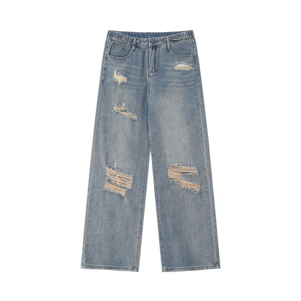 Distressed Washed Jeans For Men Street Style Loose Straight Wide-Leg Casual Dad Pants Floor-Length Trousers_viptrois.com