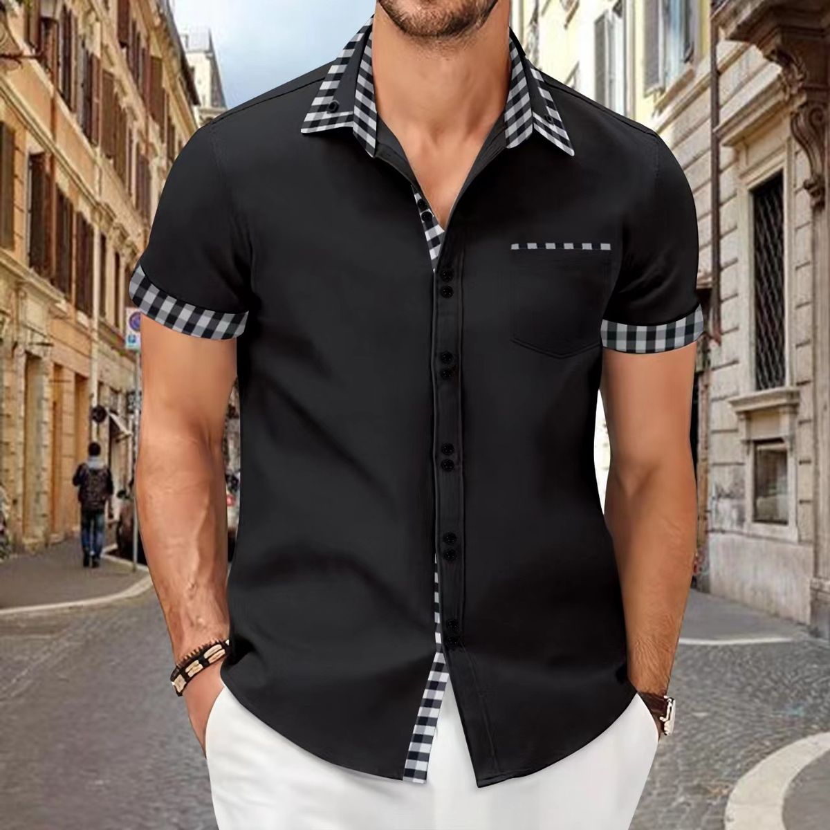 Men's Clothing Foreign Trade Summer New Short Sleeved Men's Shirt Casual Pocket Stitching Contrast Color Top_viptrois.com