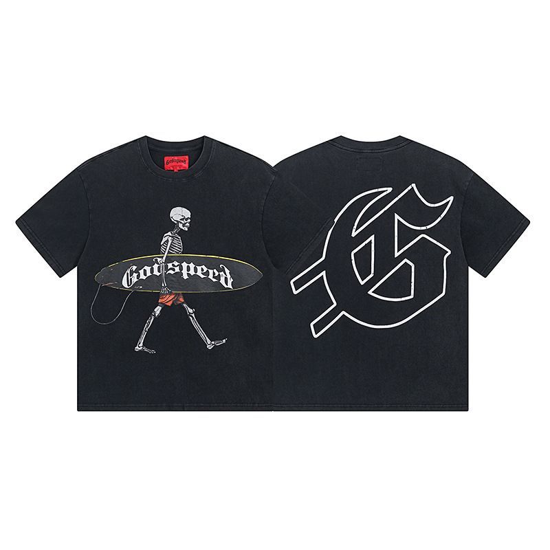 High Street Trendy Brand Heavy-Duty Washed Distressed Skull Letter Print_viptrois.com