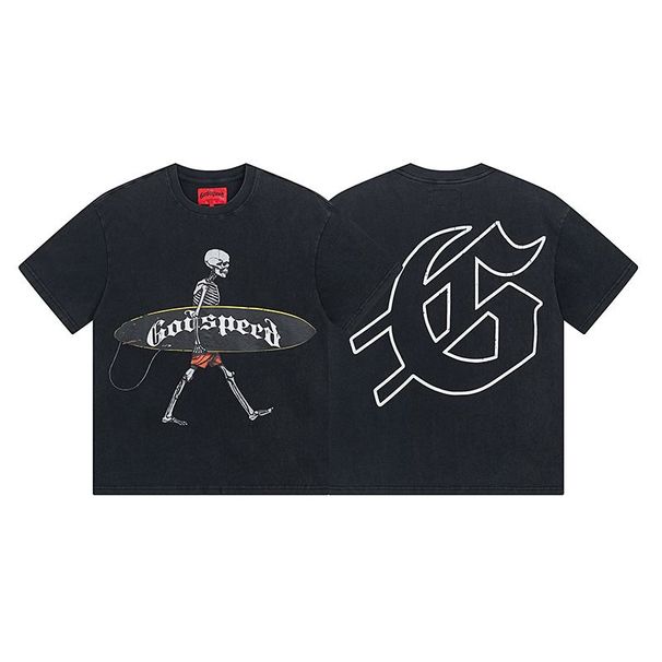 High Street Trendy Brand Heavy-Duty Washed Distressed Skull Letter Print_viptrois.com