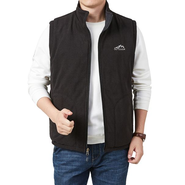 Men's Clothing Reversible Fleece Vest With Stand Collar, Multi-Pocket Workwear Jacket For Autumn, Casual Outerwear In Khaki, Navy_viptrois.com