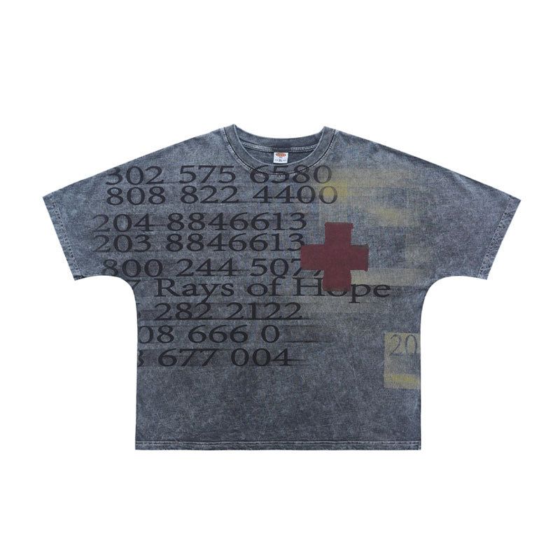 American Vintage Letter-printed Washed Distressed Loose-fit One-piece Cut Short-sleeve T-shirt_viptrois.com