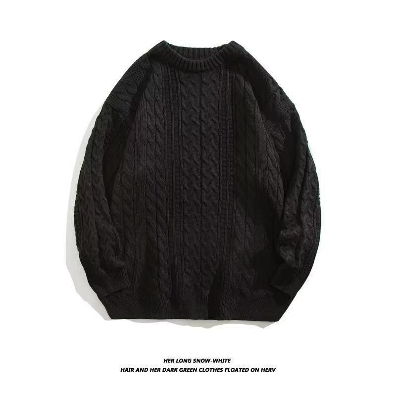 Men's Cable Knit Sweater – Japanese-Inspired Loose Fit Round Neck Pullover (Black/Gray/Apricot/Khaki/Blue, M-XXXL)_viptrois.com