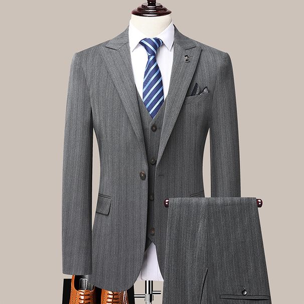 Men's suit striped suit three-piece wedding groom's dress slim small suit business casual formal suit_viptrois.com
