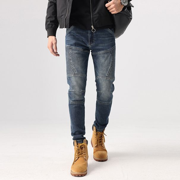 Men's motorcycle riding jeans casual patchwork stretch jeans_viptrois.com