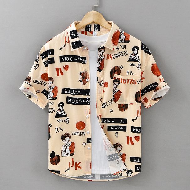 Personalized Printed Short Sleeved Shirt, Men's Fashion Street Trend Versatile Casual Shirt, Summer Pure Cotton Top_viptrois.com