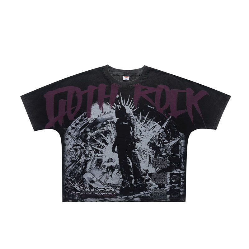 American Vintage All-over Printed Robot Washed Distressed Loose One-piece Cut Short-sleeve T-shirt_viptrois.com