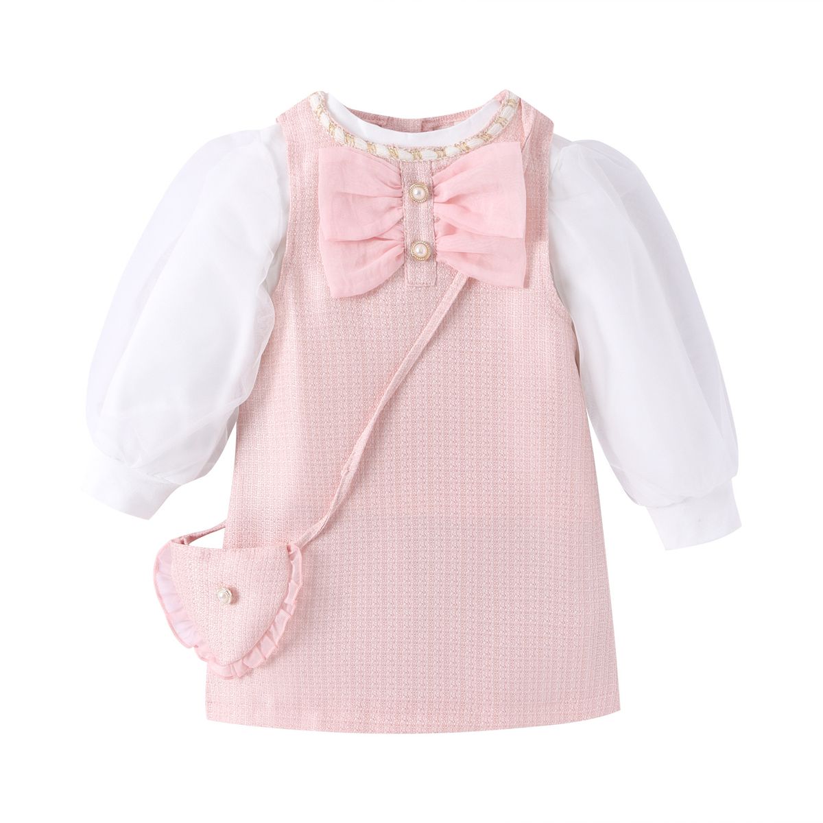 Children's clothing Small chiffon gauze puffed sleeve base top tweed lace sundress shoulder bag for girls and children_viptrois.com
