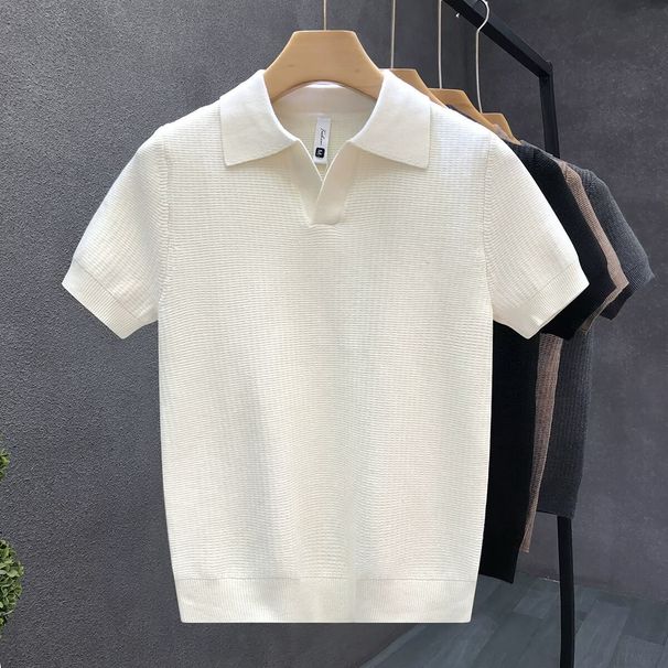 Men's Slim Fit Polo Collar Short Sleeve Sweater Breathable Cotton Top For Summer Fashionable Lapel Knitted Bottoming Shirt_viptrois.com
