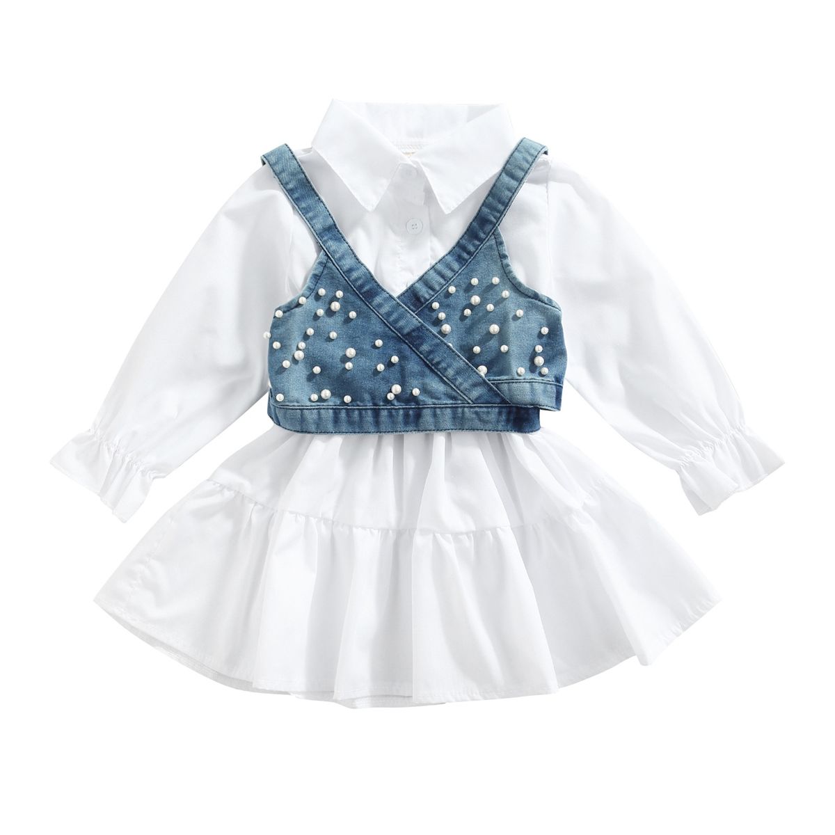 Mother&Kids Girl girl solid color short sleeve spliced petticoat lace up beaded denim halter small vest_viptrois.com
