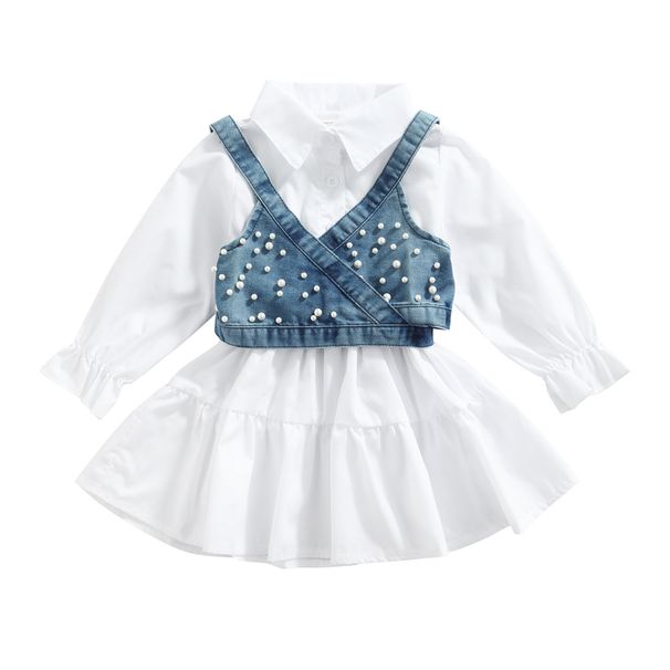 Mother&Kids Girl girl solid color short sleeve spliced petticoat lace up beaded denim halter small vest_viptrois.com