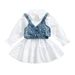 Mother&Kids Girl girl solid color short sleeve spliced petticoat lace up beaded denim halter small vest_viptrois.com