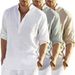 Men's Clothing Men's Casual Cotton And Linen Solid Color Long Sleeved Shirts Loose Stand Up Collar Shirts For Men In Stock_viptrois.com